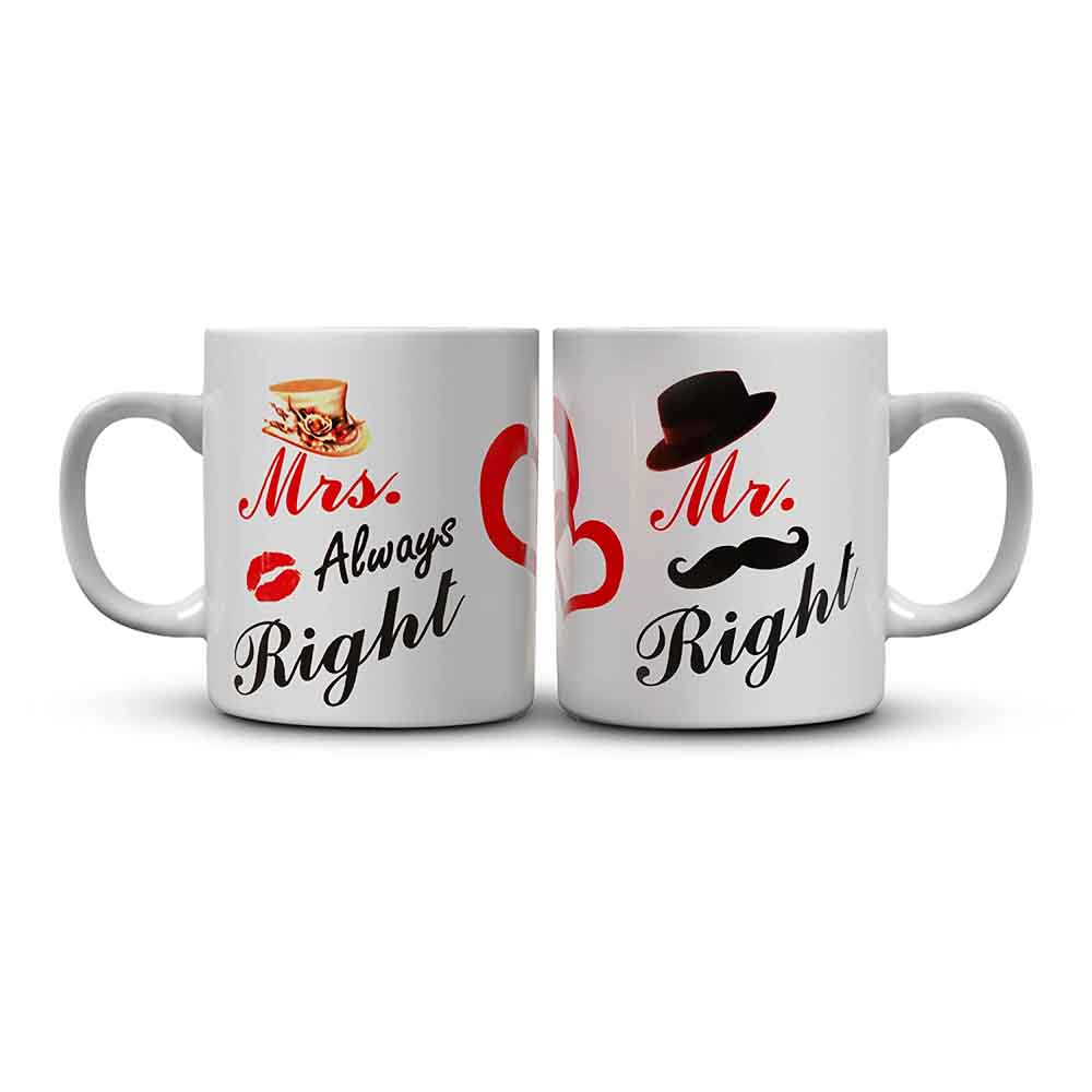 White Ceramic Milk Mug with "Mrs. Always Right" Slogan, Viewed from Angle Showing Handle