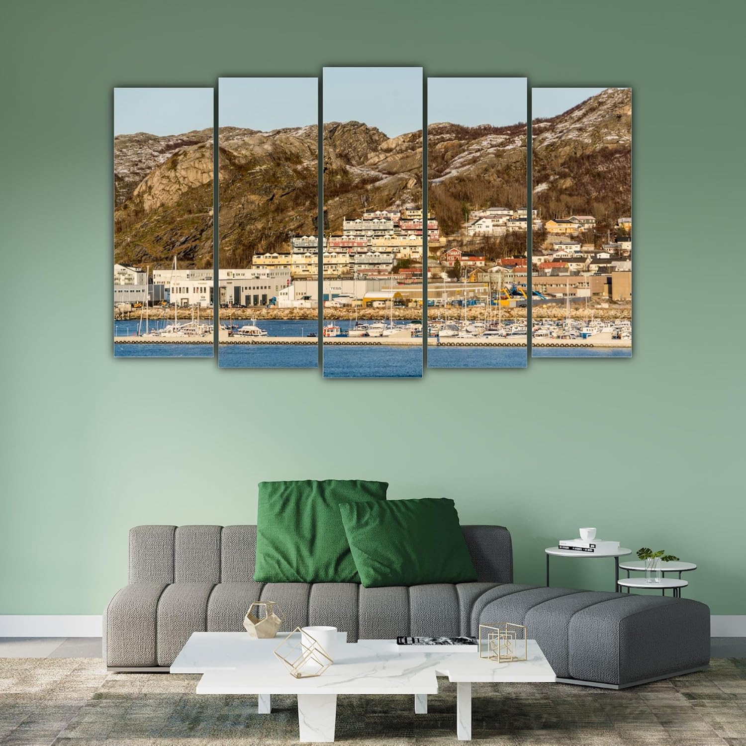 Framed Wall Art featuring an urban skyline dance across five vivid panels