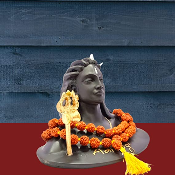Third image ALT Text: Close-up of Adiyogi Statue with Rudraksha beads for kitchen display on wooden counter.