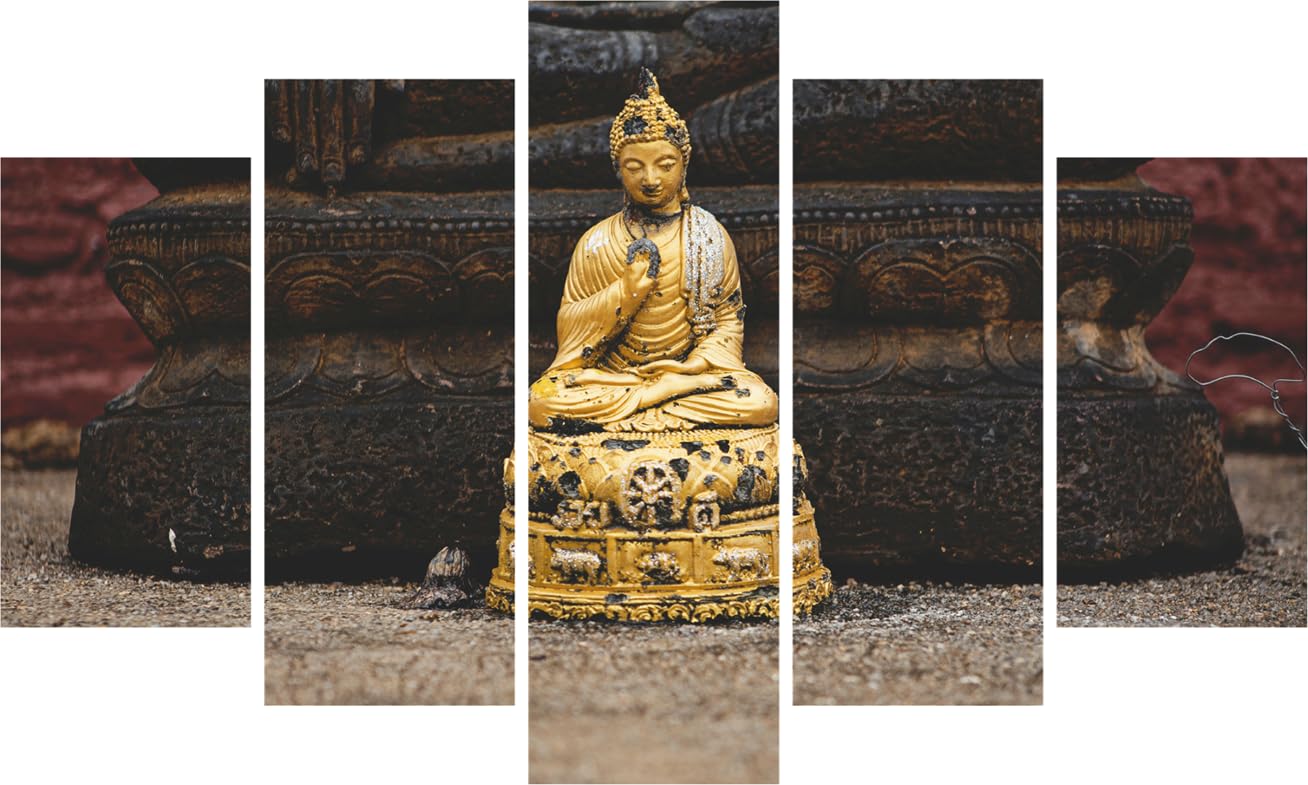 Zen Out Loud: Buddha-tiful 5-Panel Framed Wall Art showcasing serene Buddha prints in wooden frames on a living room wall