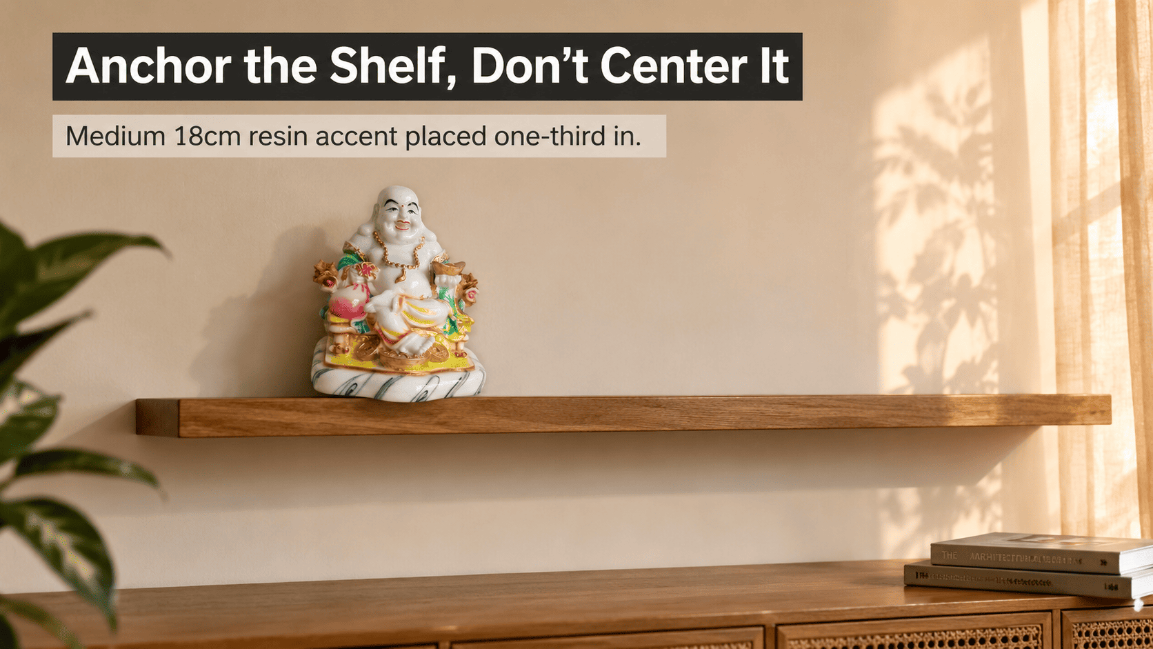 a single decor piece placed off-center on a shelf with open space around it