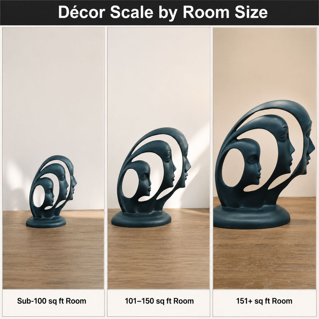 visual comparison grid of classic versus unusual home decor styles by room size