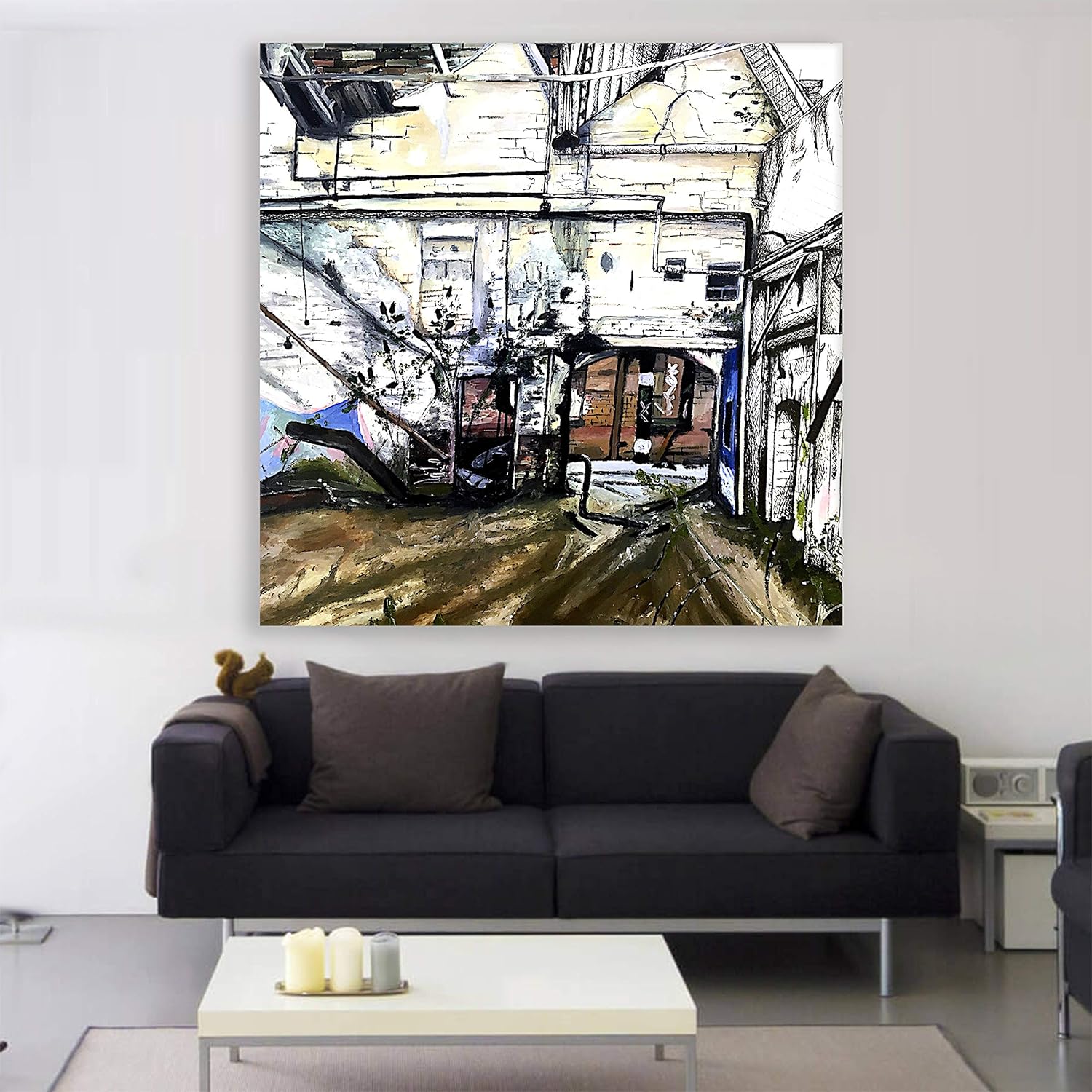 City Flip! Abstract Tumbling Building Unframed Wall Art hanging above a sleek sofa.