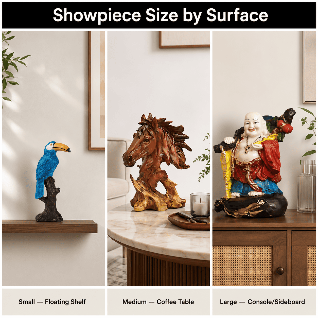 comparison grid of small medium and large showpieces on different surfaces