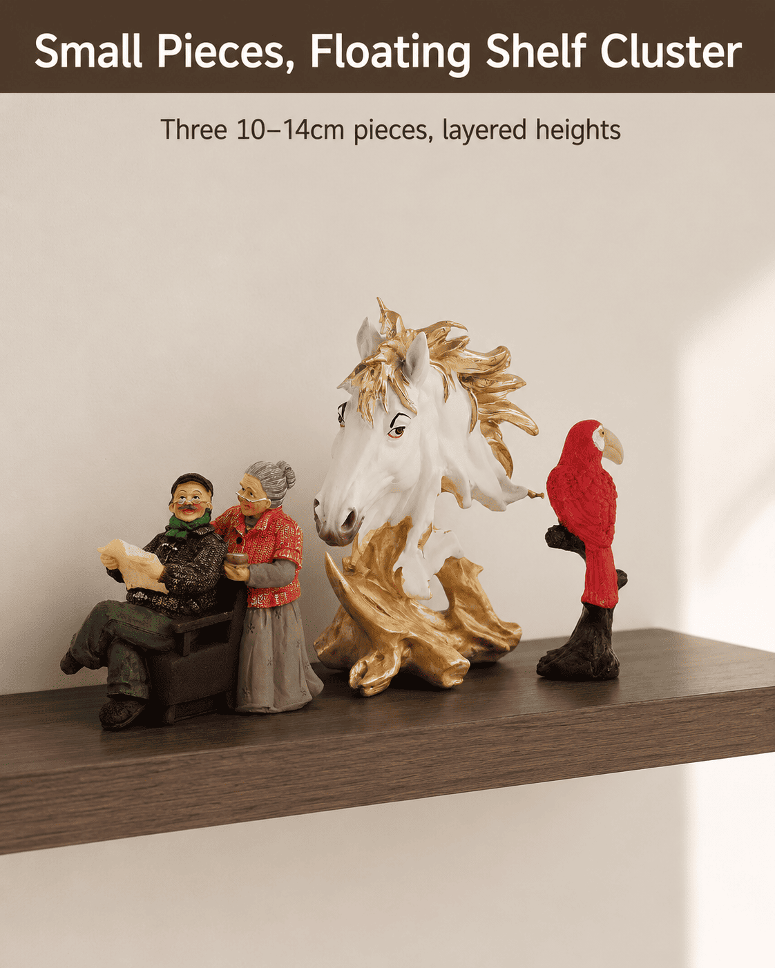 grouped small decorative pieces on a floating shelf