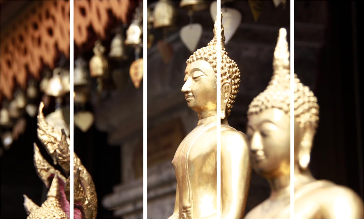 Buddha Bliss 5-Panel Framed Wall Art showcasing golden Buddha face in multi-frame arrangement
