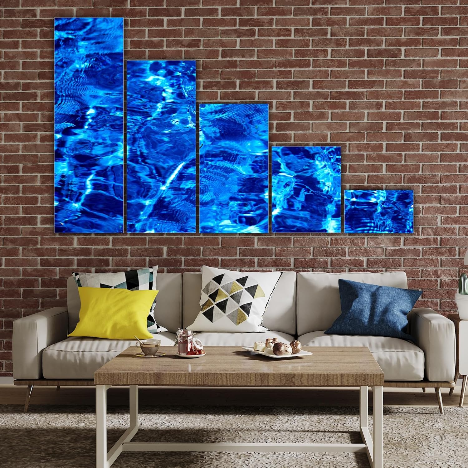 Close-up of the vibrant blues in the "Water you waiting for? Splash-tastic Framed Abstract Wall Art" 5-panel display.