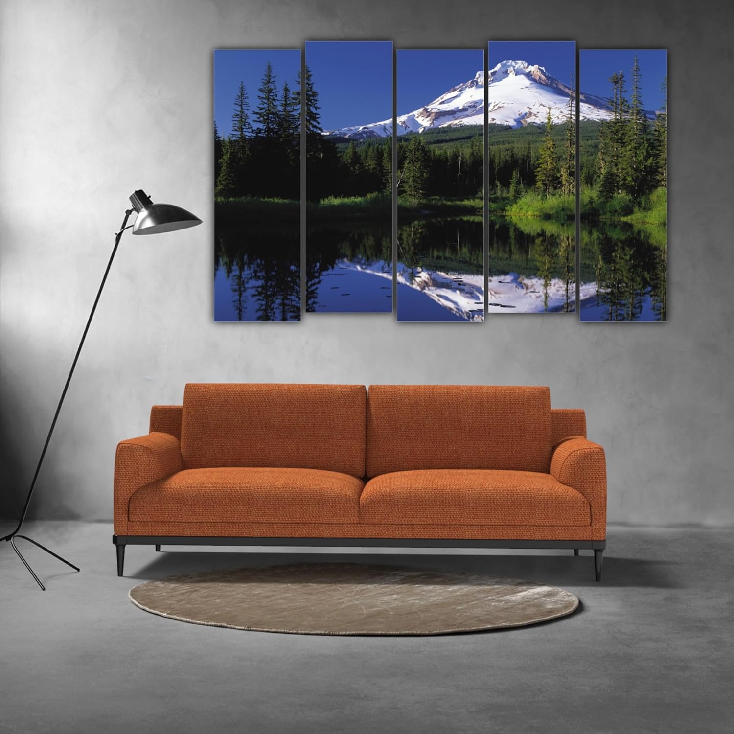 Five-panel framed Wall Art capturing a serene mountain vista with rich earth tones.