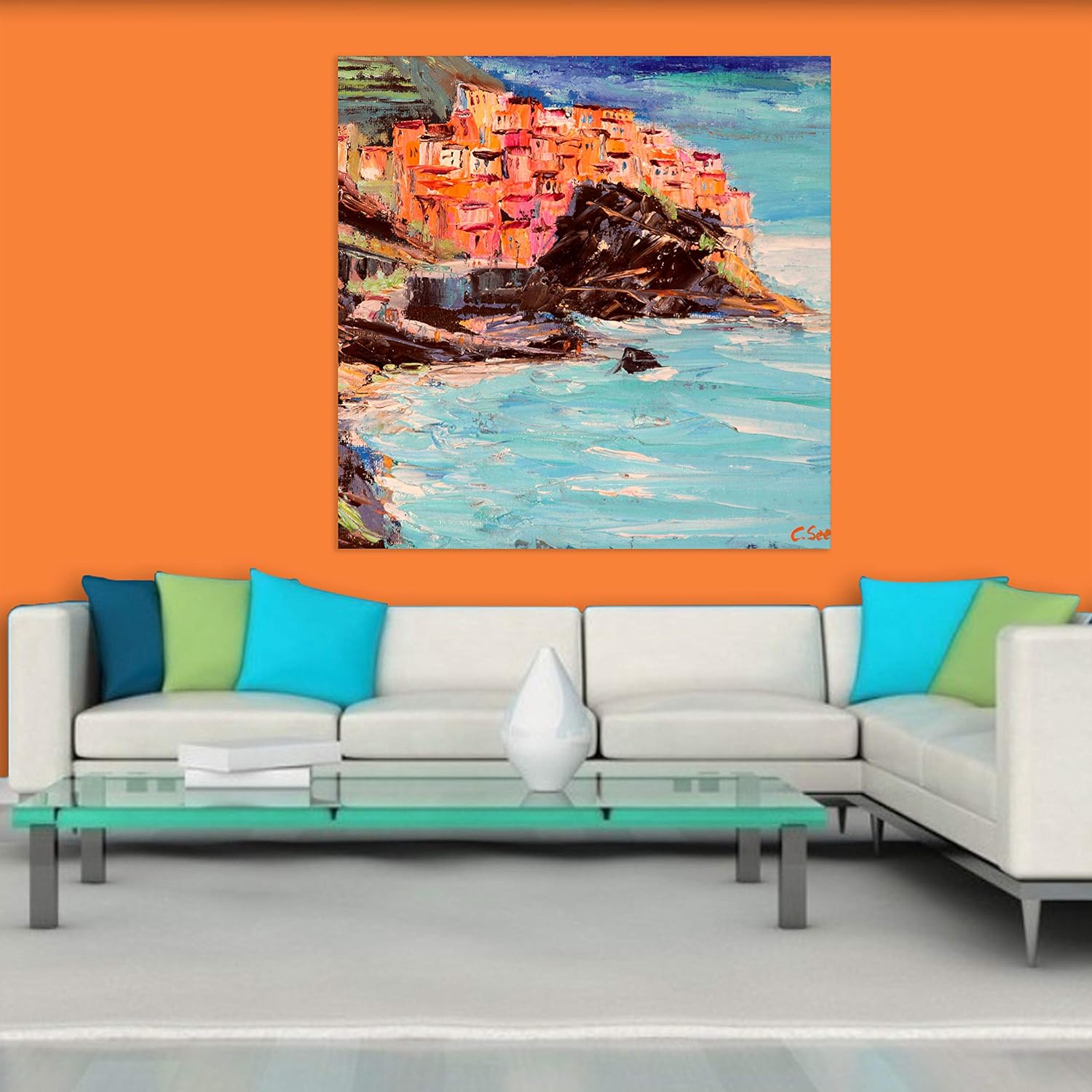 Sea-sational Unframed Nature Wall Art That'll Make Waves (91x91cm Canvas) showcasing a tranquil seaside sunset scene.