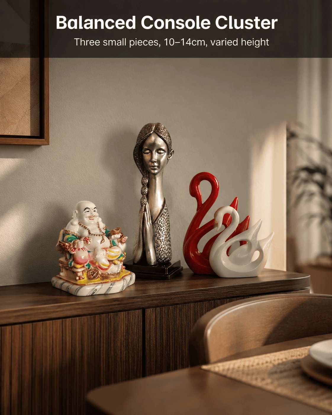 Cluster of small decorative pieces on a dining console