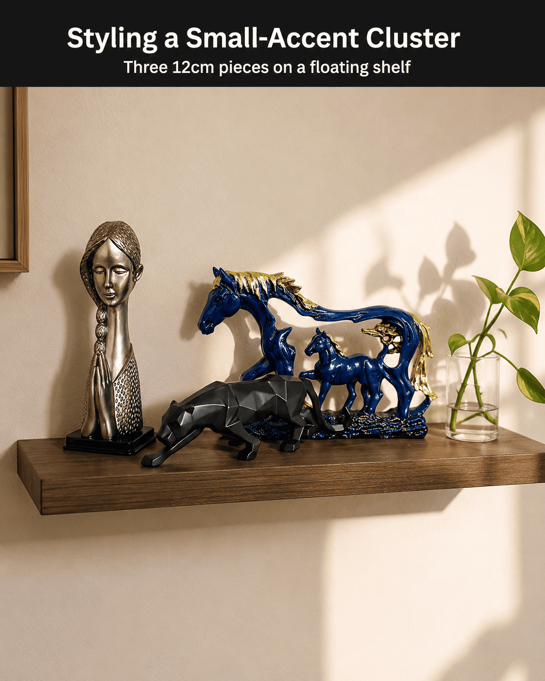 small decor pieces clustered on a floating shelf
