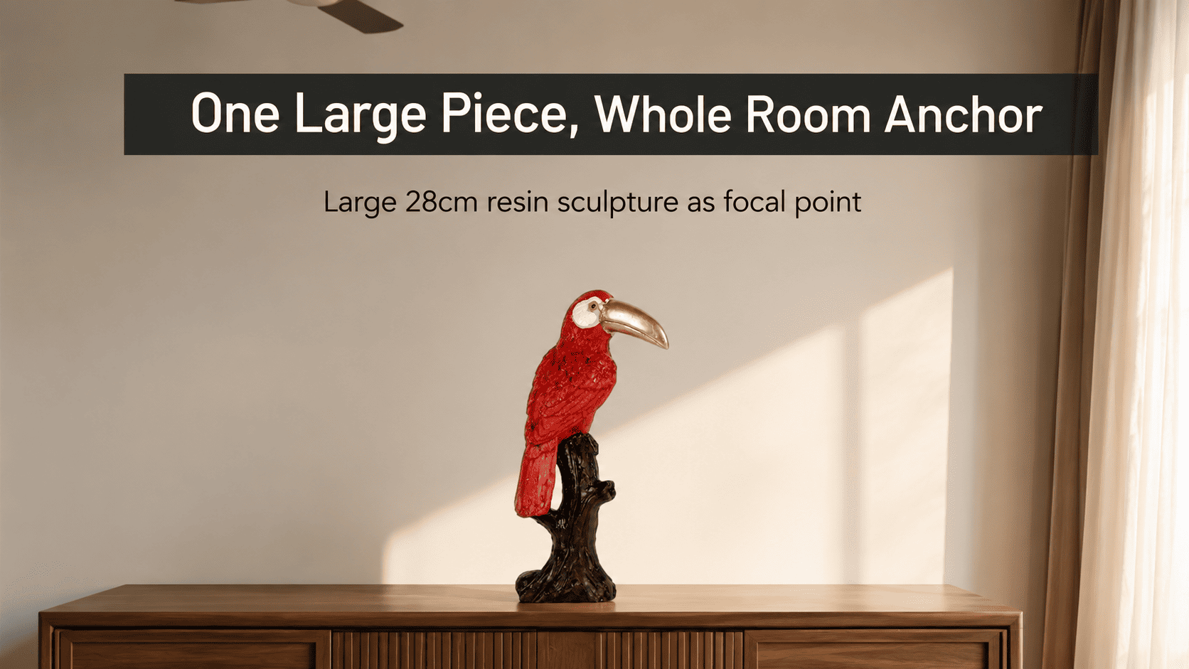Large resin sculpture styled as a single focal point on a console table