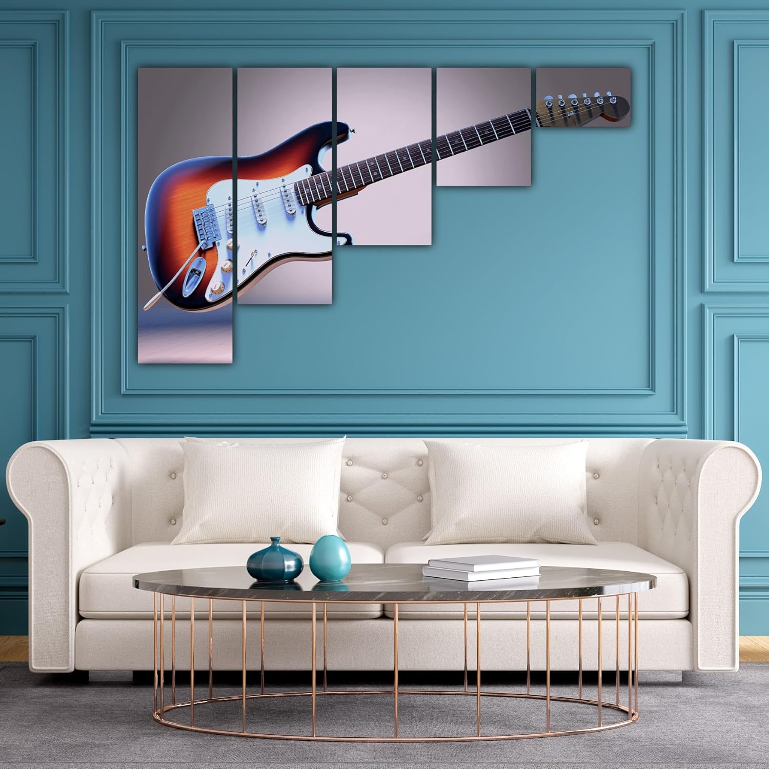 Close-up of the multi-frame guitar wall art showing vibrant colors and wooden frames