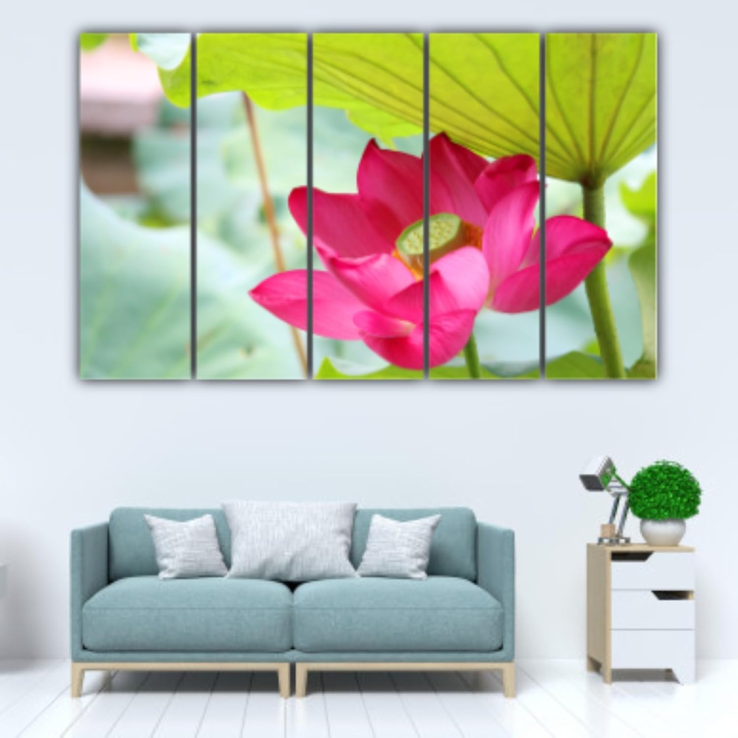 Living room scene featuring 'Lotus & Laughs: Framed Photography Wall Art' above a sofa.