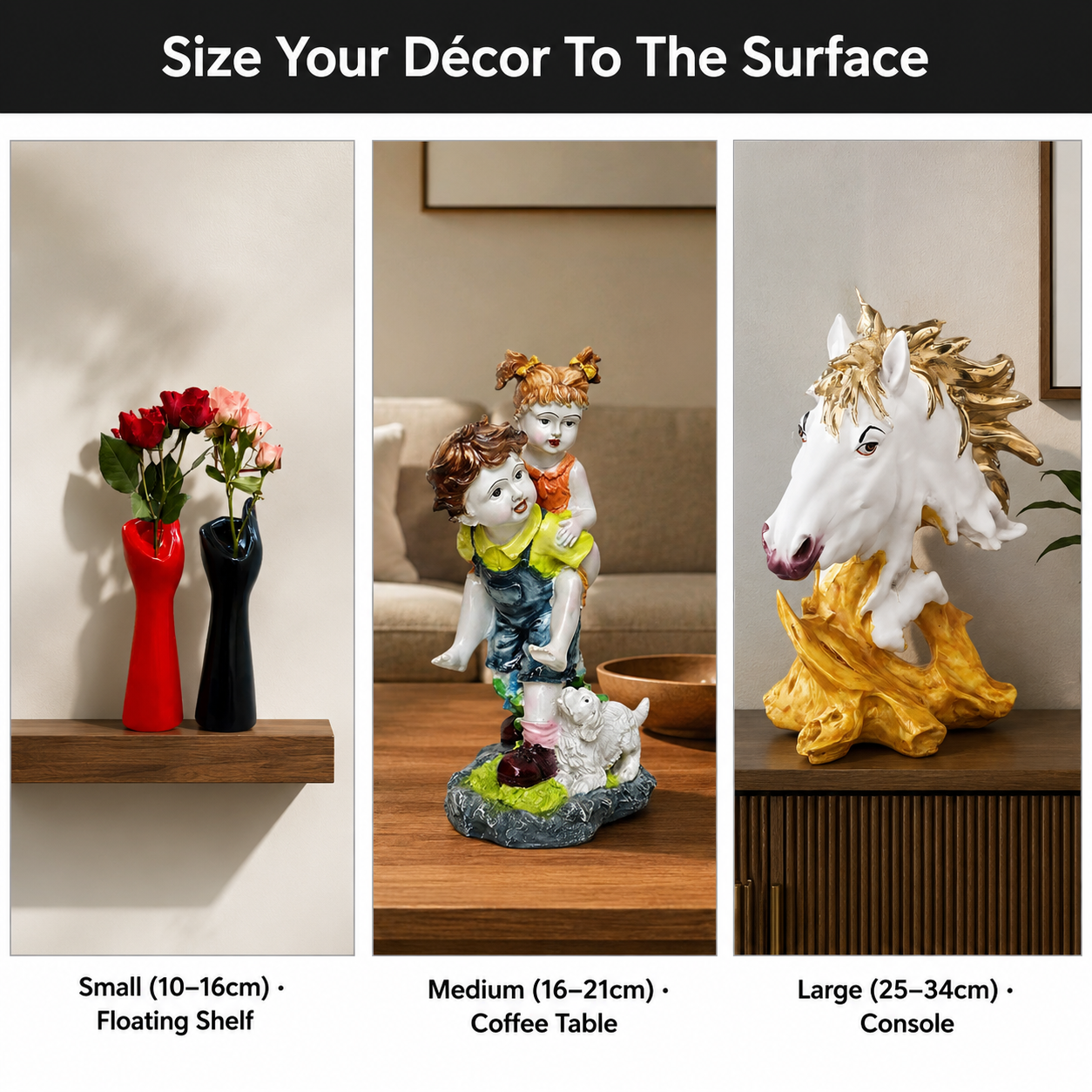 comparison grid of small medium and large decor pieces on three surface types