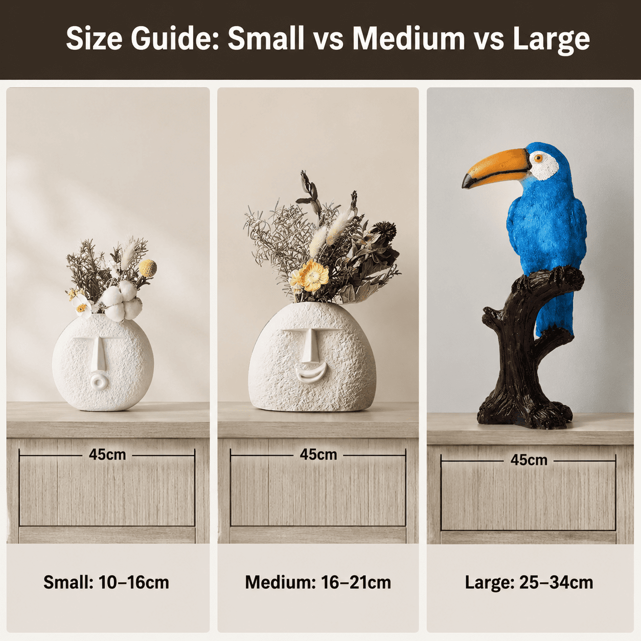 size comparison of small, medium, and large home decor pieces against a console table