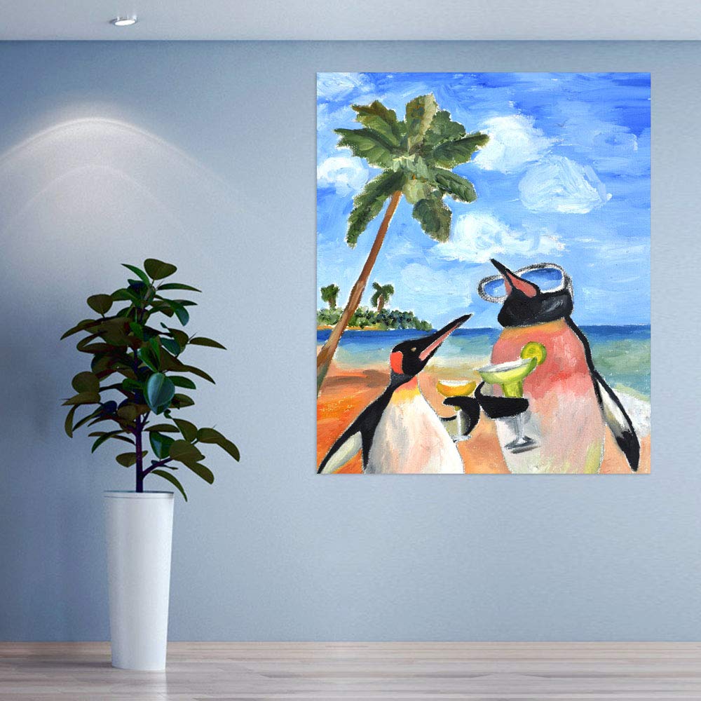 Waddle You Waiting For? Unframed Penguin Holiday Wall Art Adventure showcasing playful penguins on a sun-soaked holiday beach scene