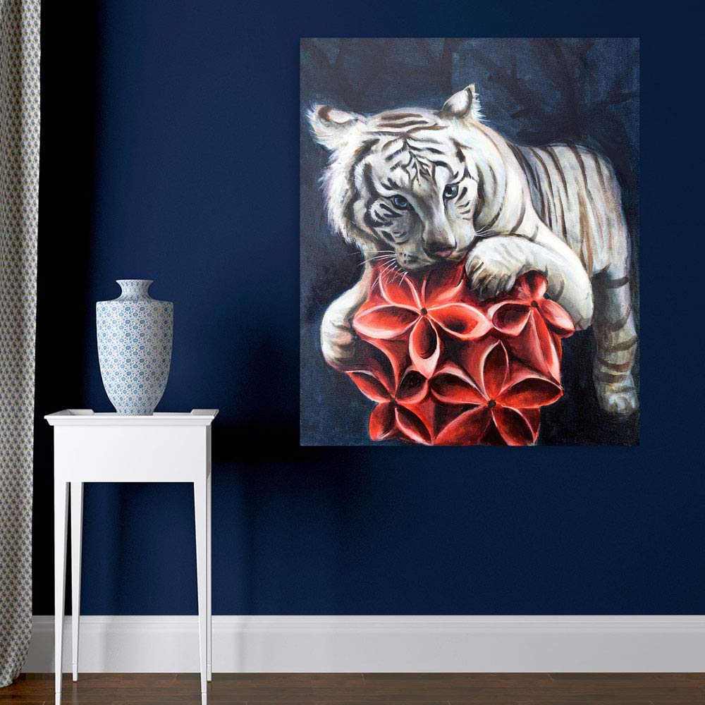 Tiger-tastic Unframed Wall Art illustrating a majestic tiger with bold red flowers