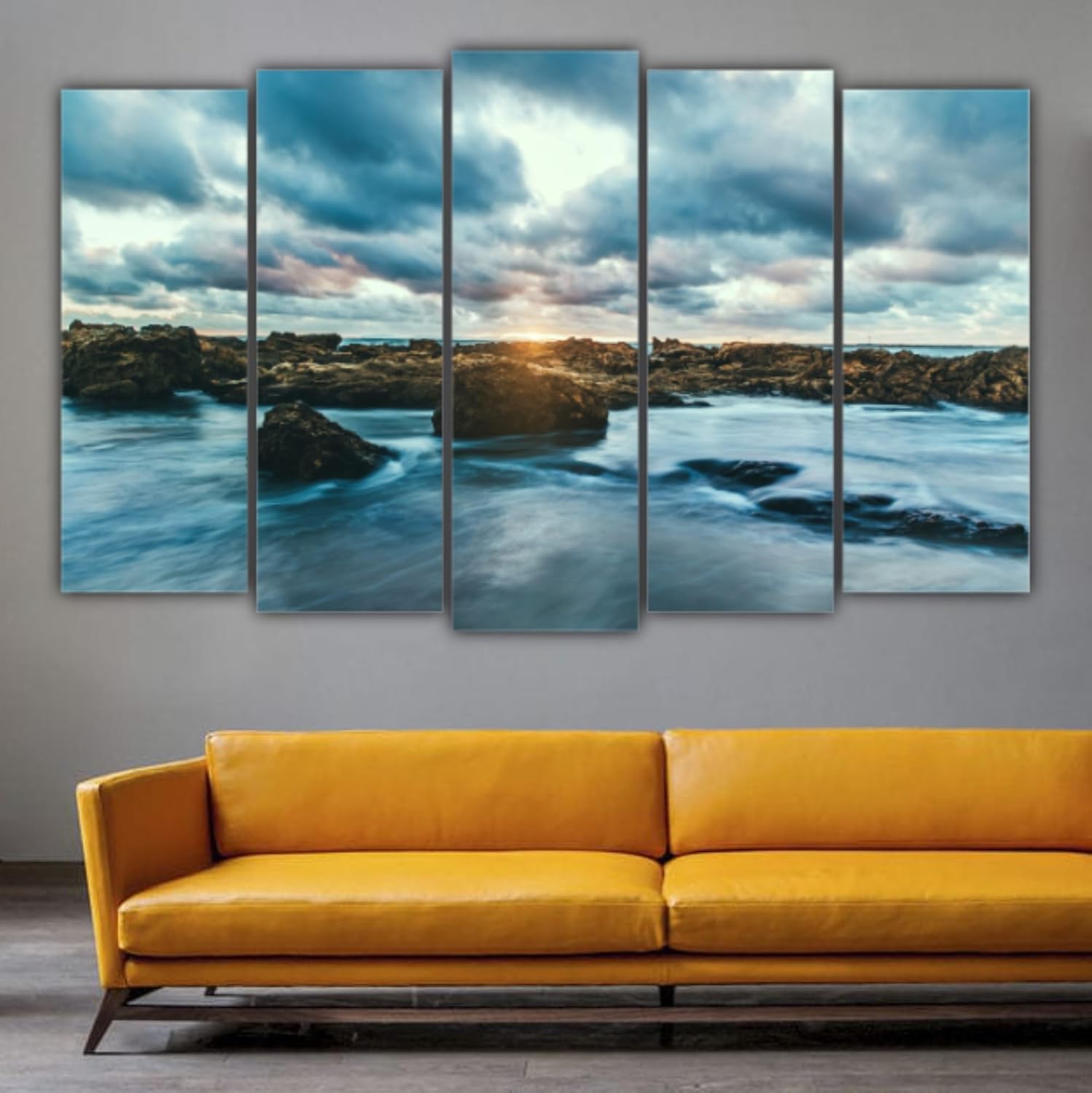 Cloud-Scape 5-Panel Photography-Framed Wall Art displayed as multi-panel cloud photography on wooden MDF.