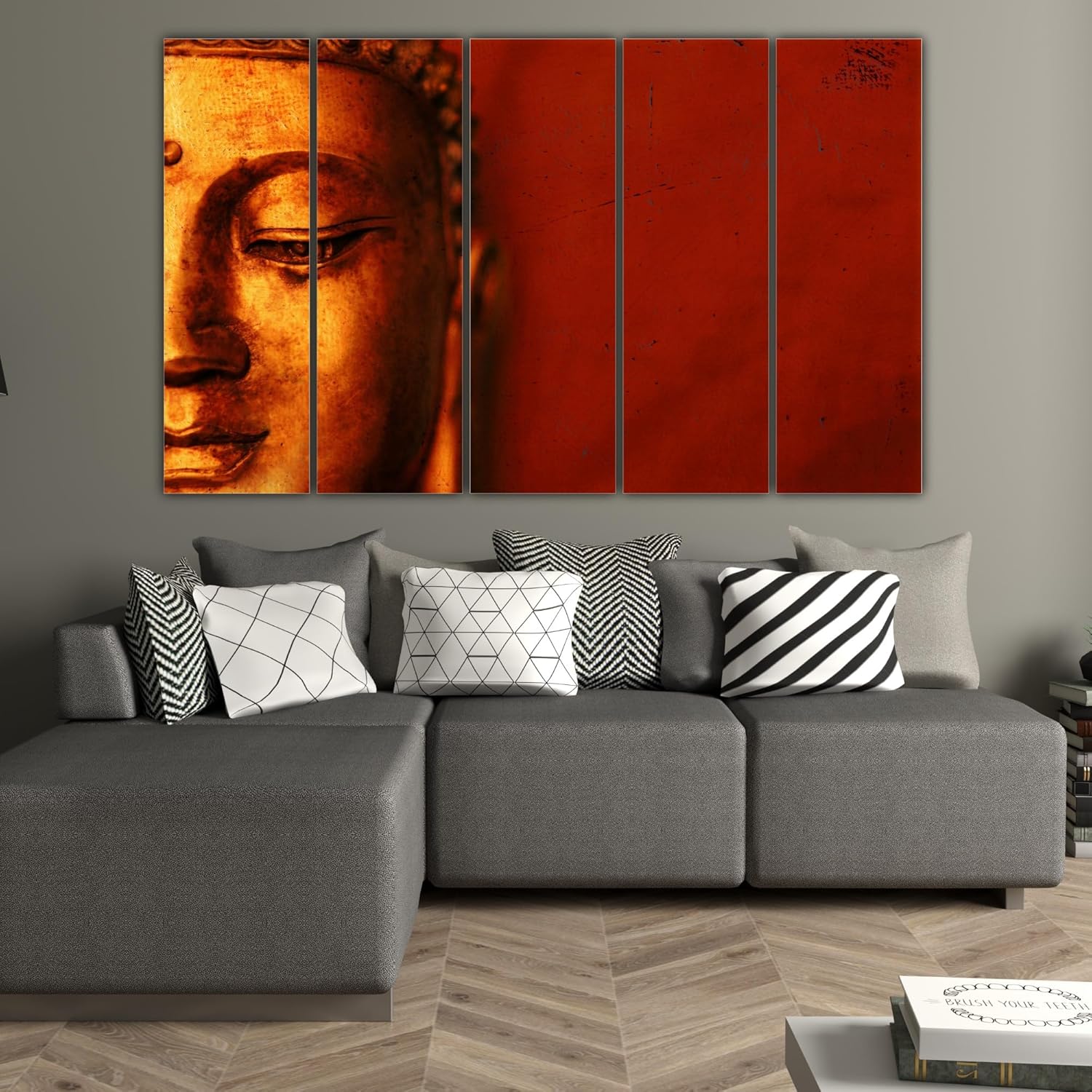 Close-up of Buddha-tastic Framed Wall Art That Evicts Stress highlighting detailed golden Buddha silhouettes.