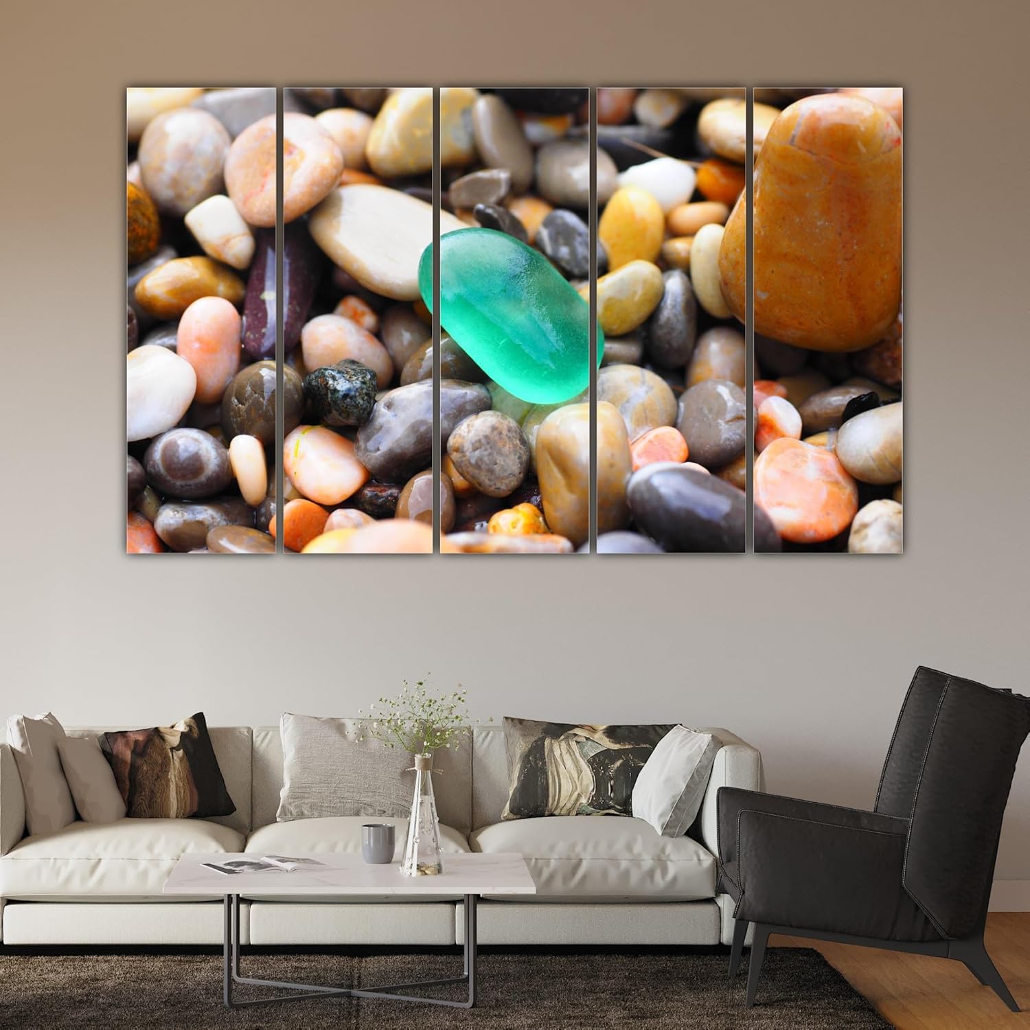 Full view of the multi-panel Wall Art with framed photography stones in colorful arrangement