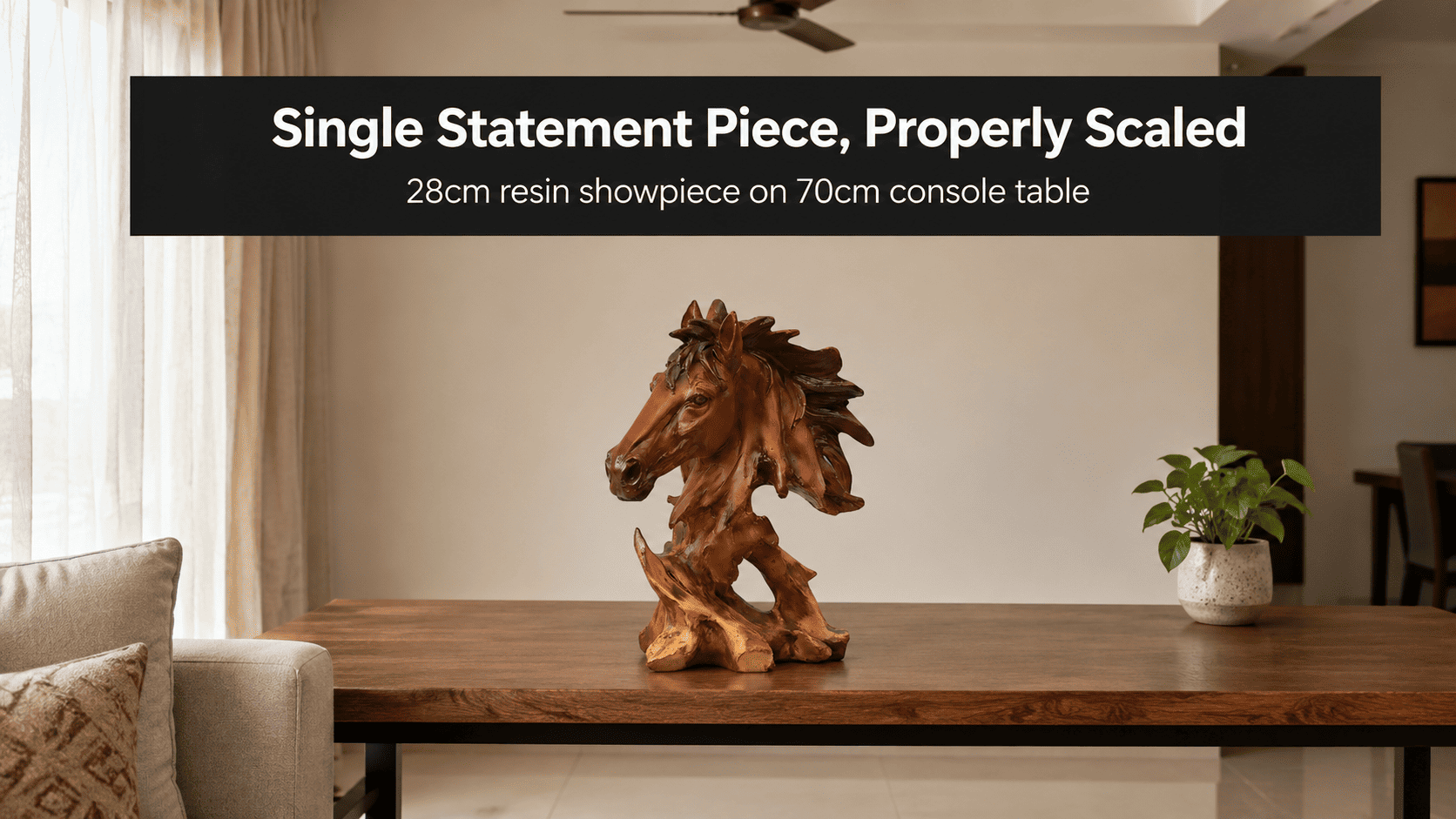 A large statement decor piece placed on a console table in a minimalist living room
