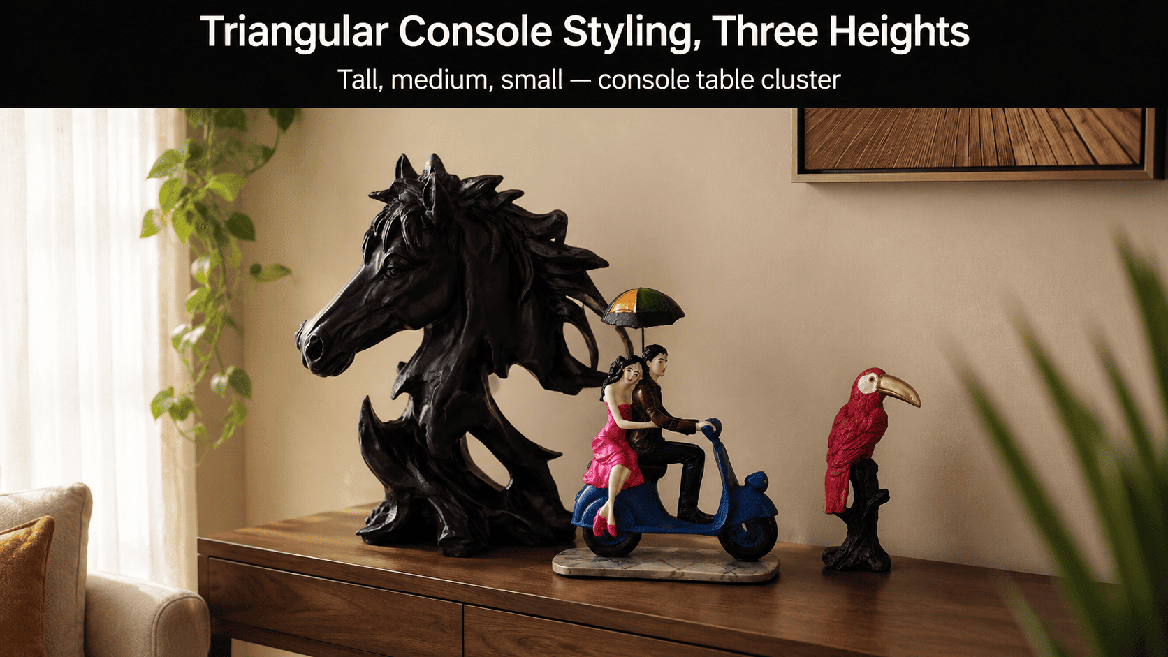 decorative objects clustered on a living room console