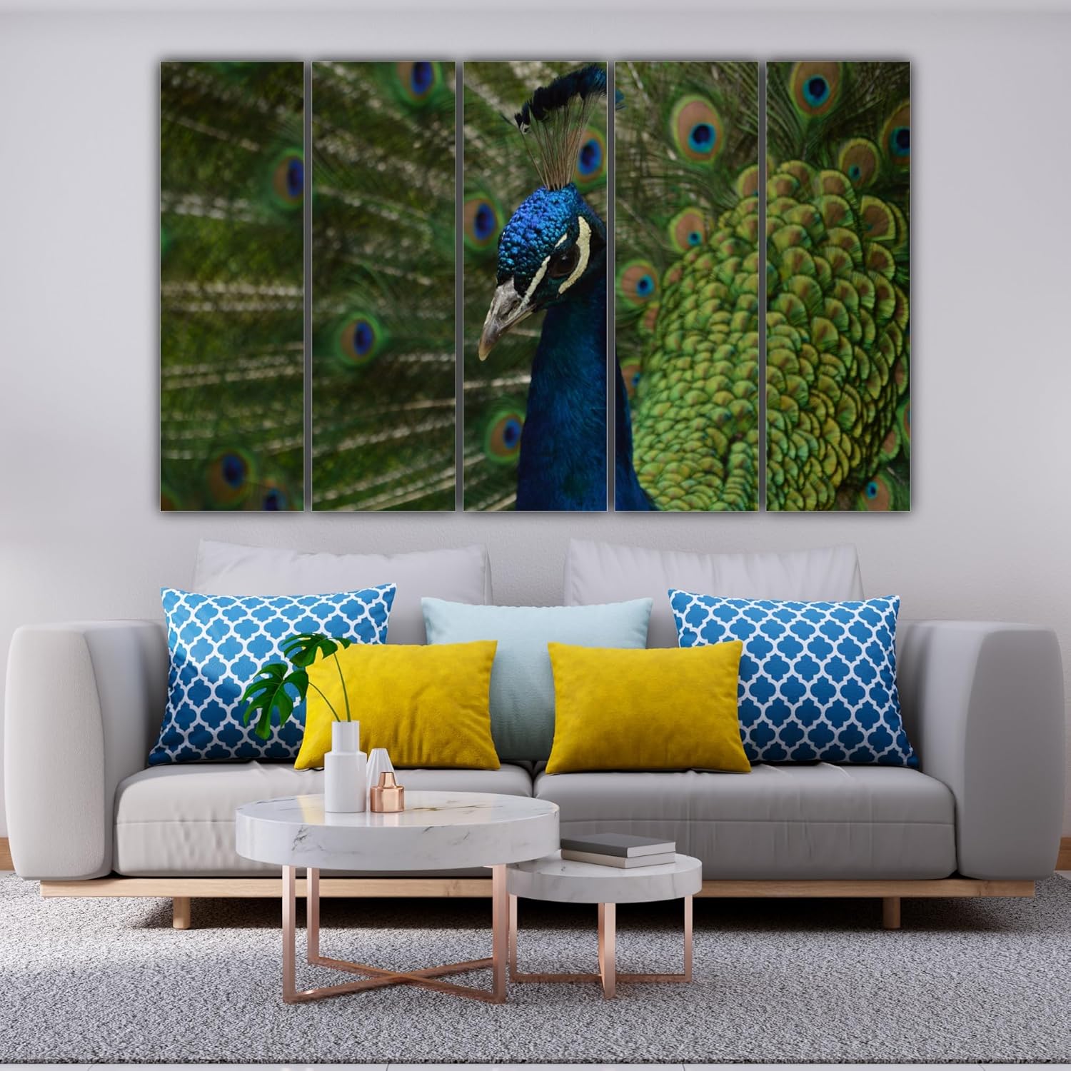 Close-up of vibrant peacock feathers in the Peacock Pizzazz 5-Panel Photography Framed Wall Art.