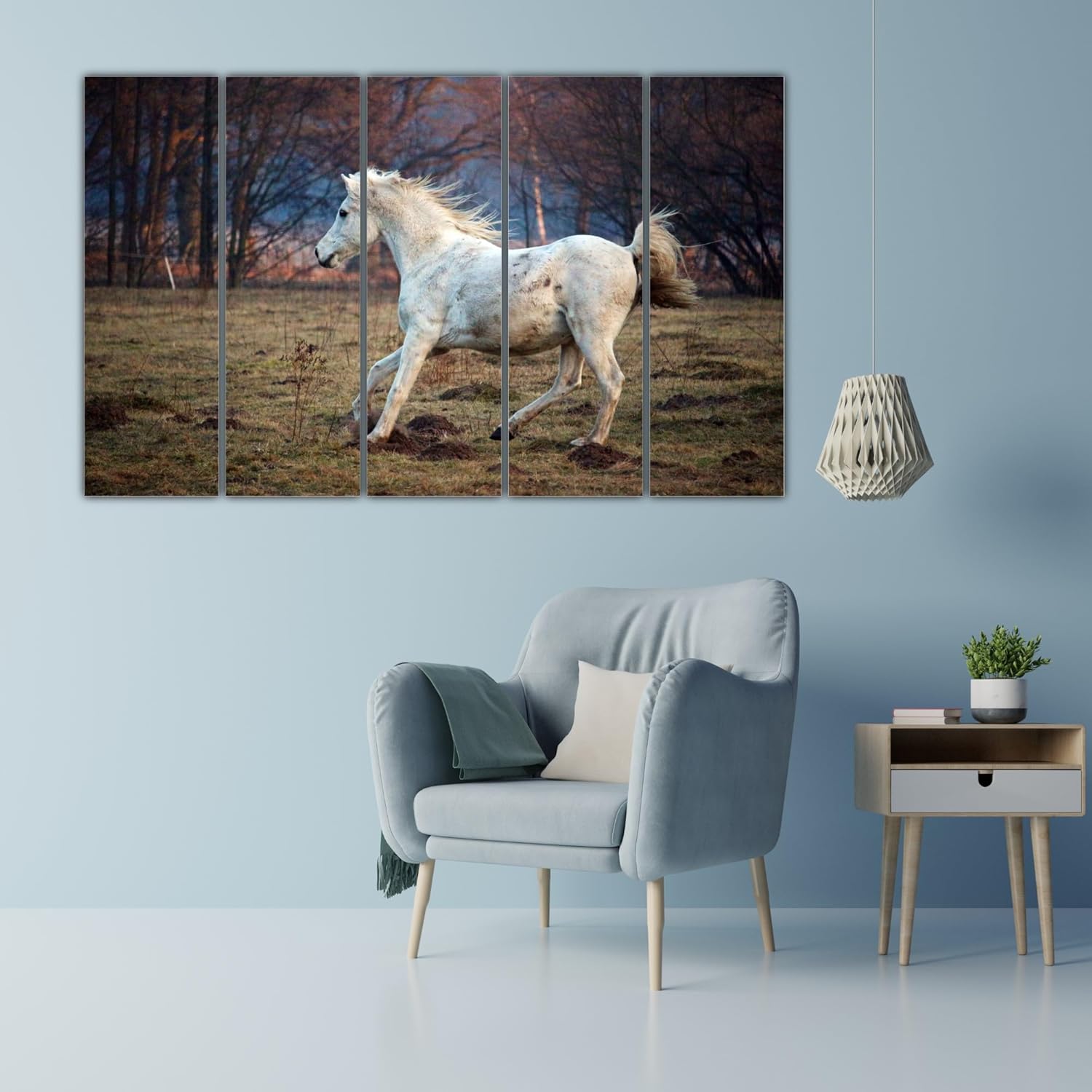Gallop to Good Vibes: 5-Panel Running Horse Vastu Framed Wall Art displayed above a living room sofa