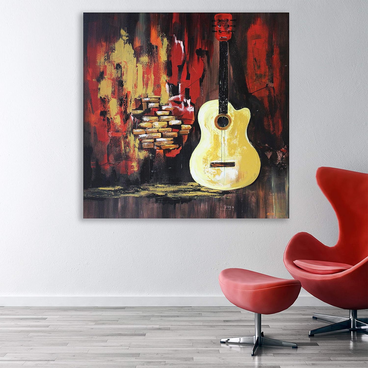 Guitar-tales Strummed on Canvas: Forgotten Guitar Abstract Unframed Wall Art hung above a modern sofa