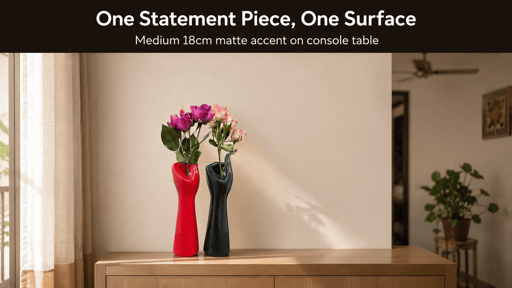 single matte decor accent on a console table with empty surface around it