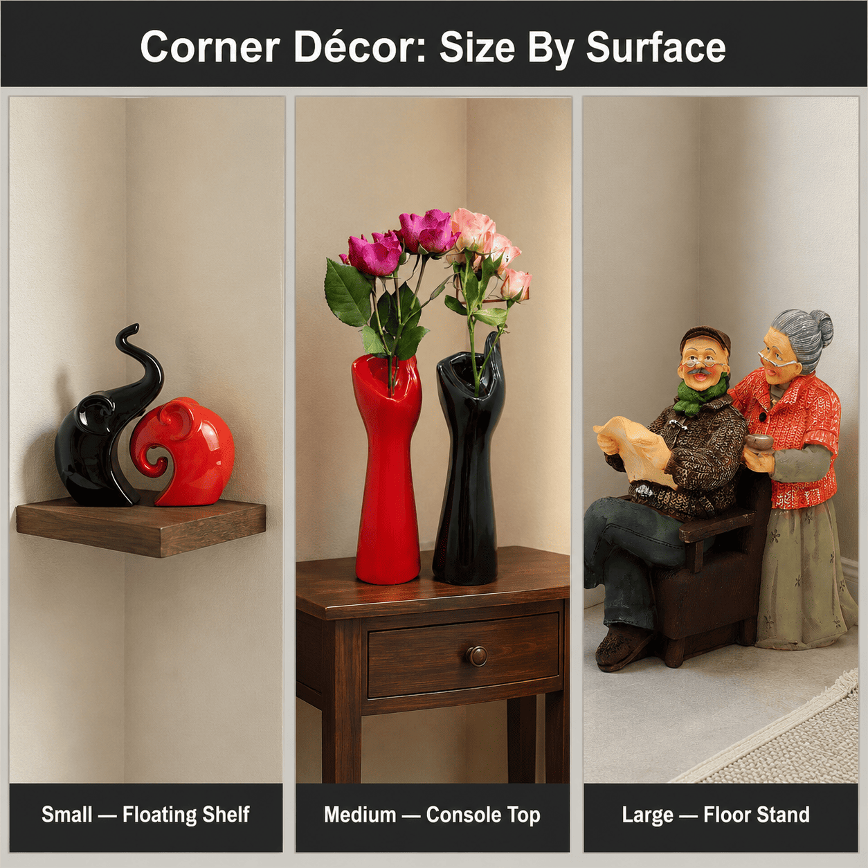 grid comparing three corner decor size scenarios side by side
