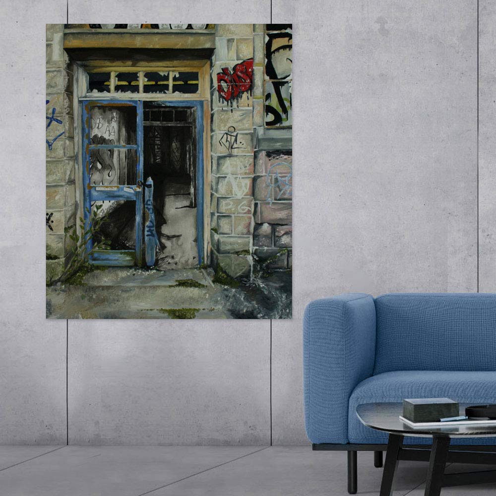 Doorway to Urban Dreams unframed Wall Art showcasing broken doors and abstract cityscape on cotton canvas