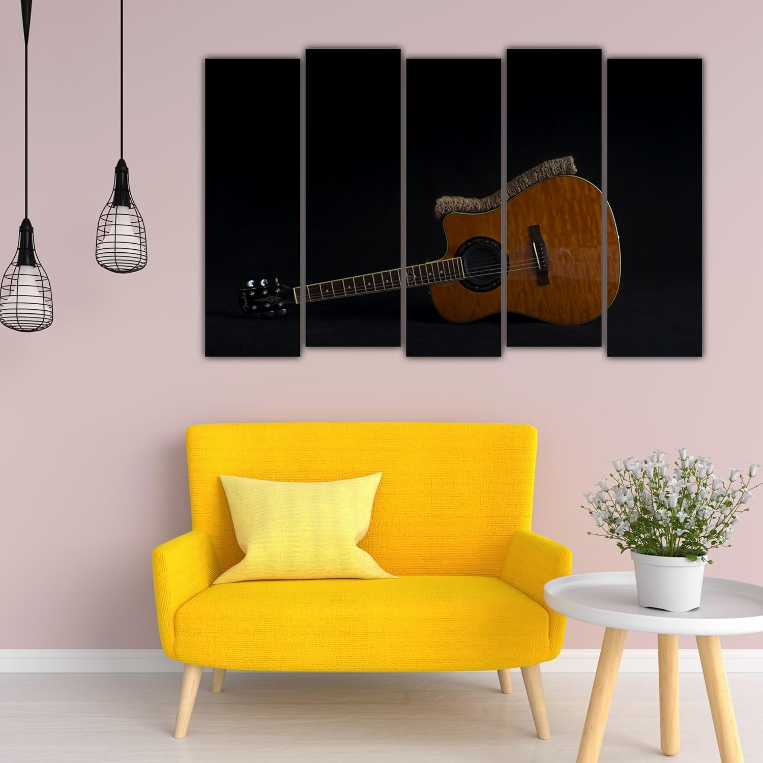 Close-up of Jam-Packed Guitar Photography Framed Wall Art to Rock Your Room highlighting detailed guitar strings on MDF panels.