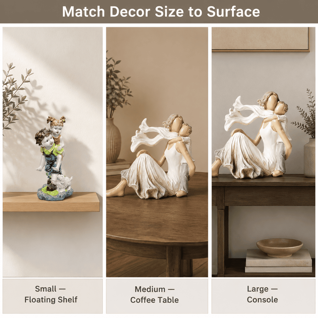 size comparison grid of small medium and large decor pieces
