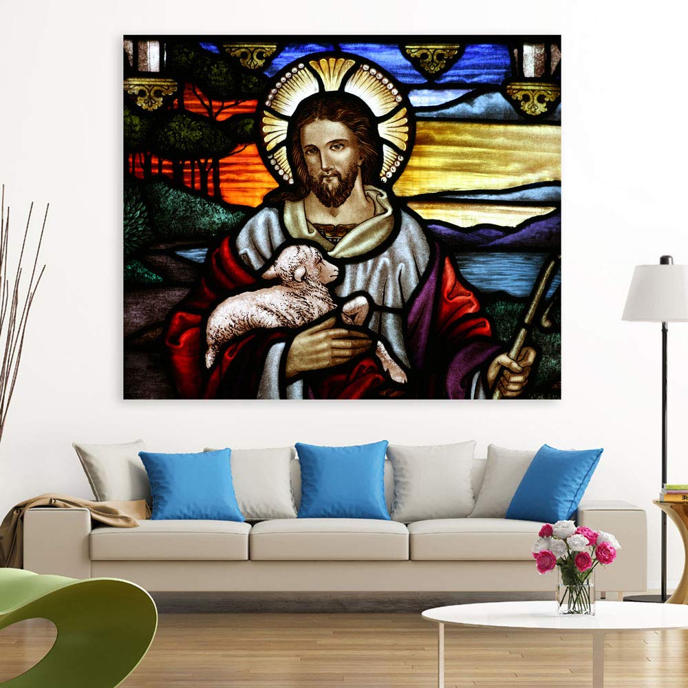 Bleat-htaking Bond: Unframed Christian Jesus & Lamb Wall Art showing Jesus gently cradling a lamb.