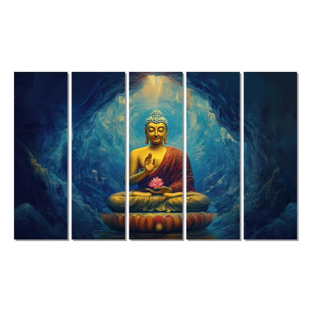 Buddha-Tiful 5-Panel Framed Wall Art showcasing a serene meditating Buddha in blue tones
