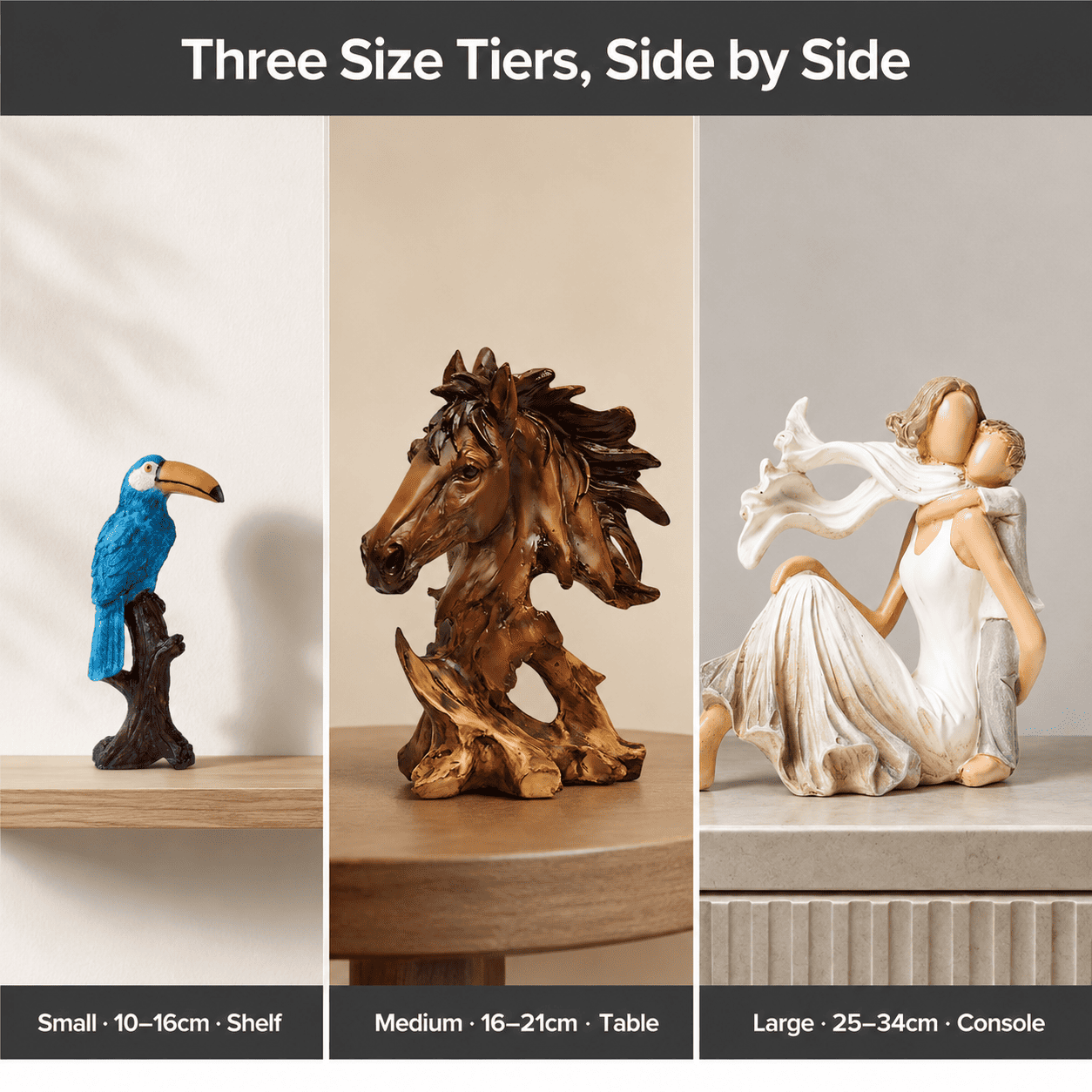 size comparison grid of small medium and large home decor pieces