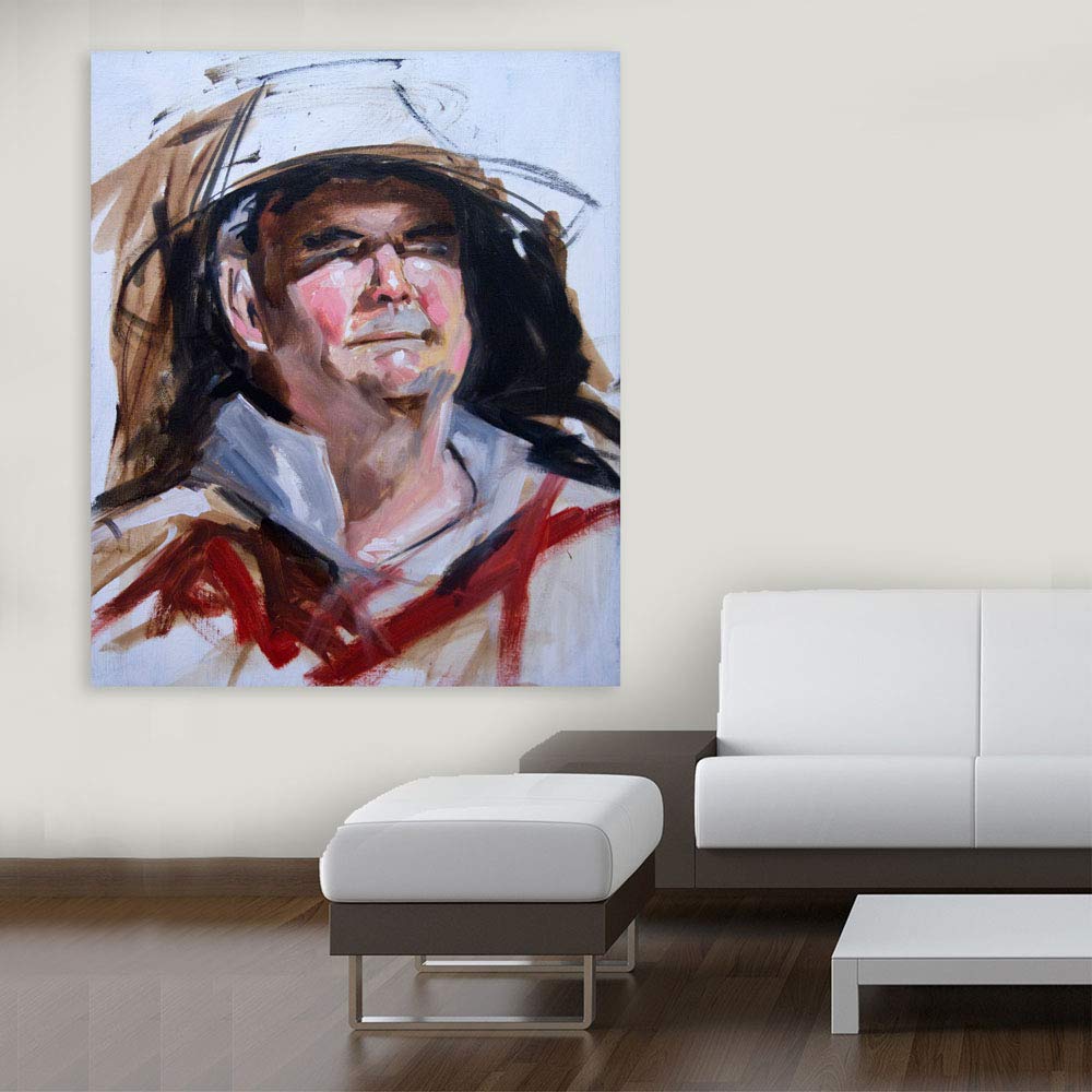 Hats Off, Man! Unframed Man-in-the-Hat Wall Art displayed in a modern living room