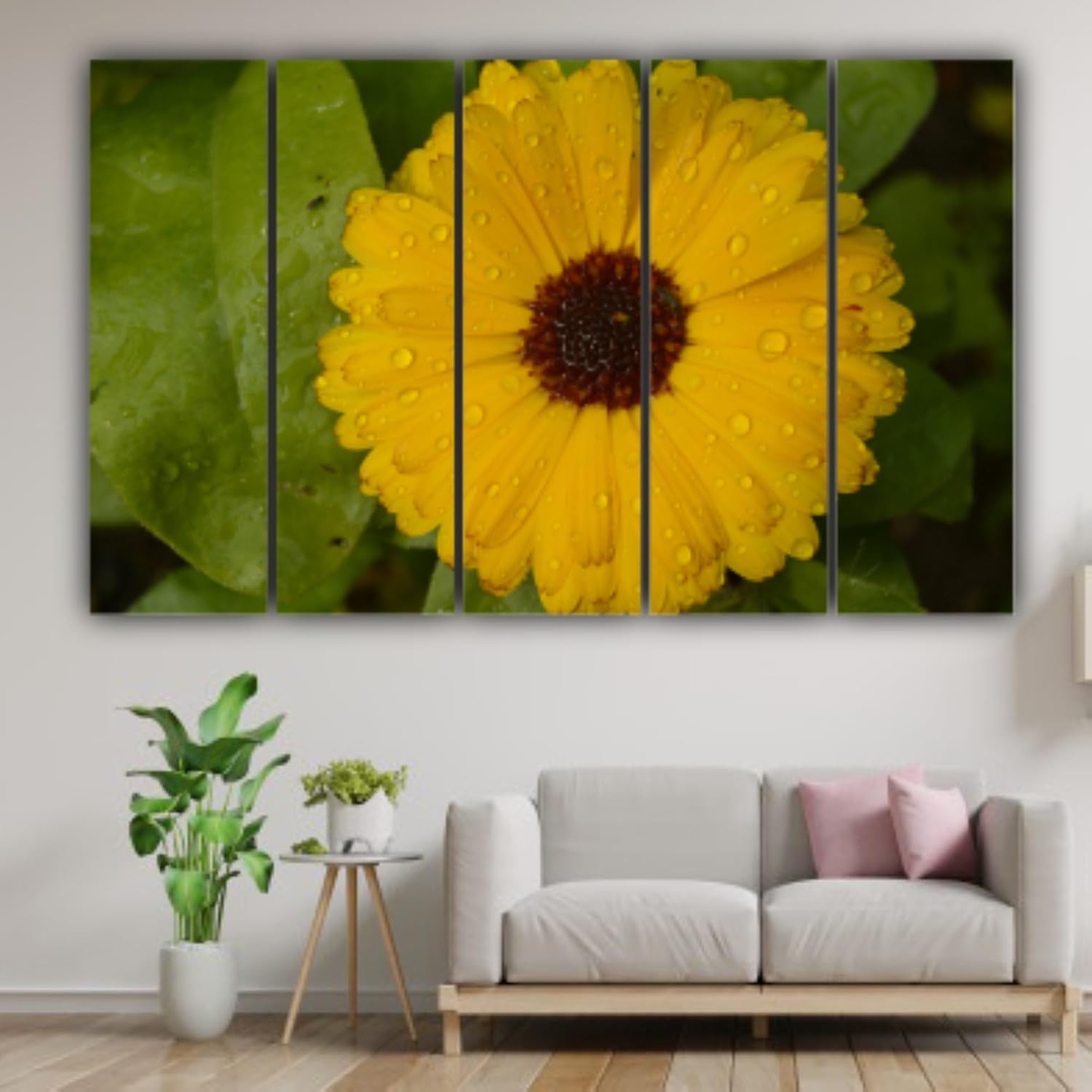 Close-up of splash-resistant flower prints on wooden MDF frames
