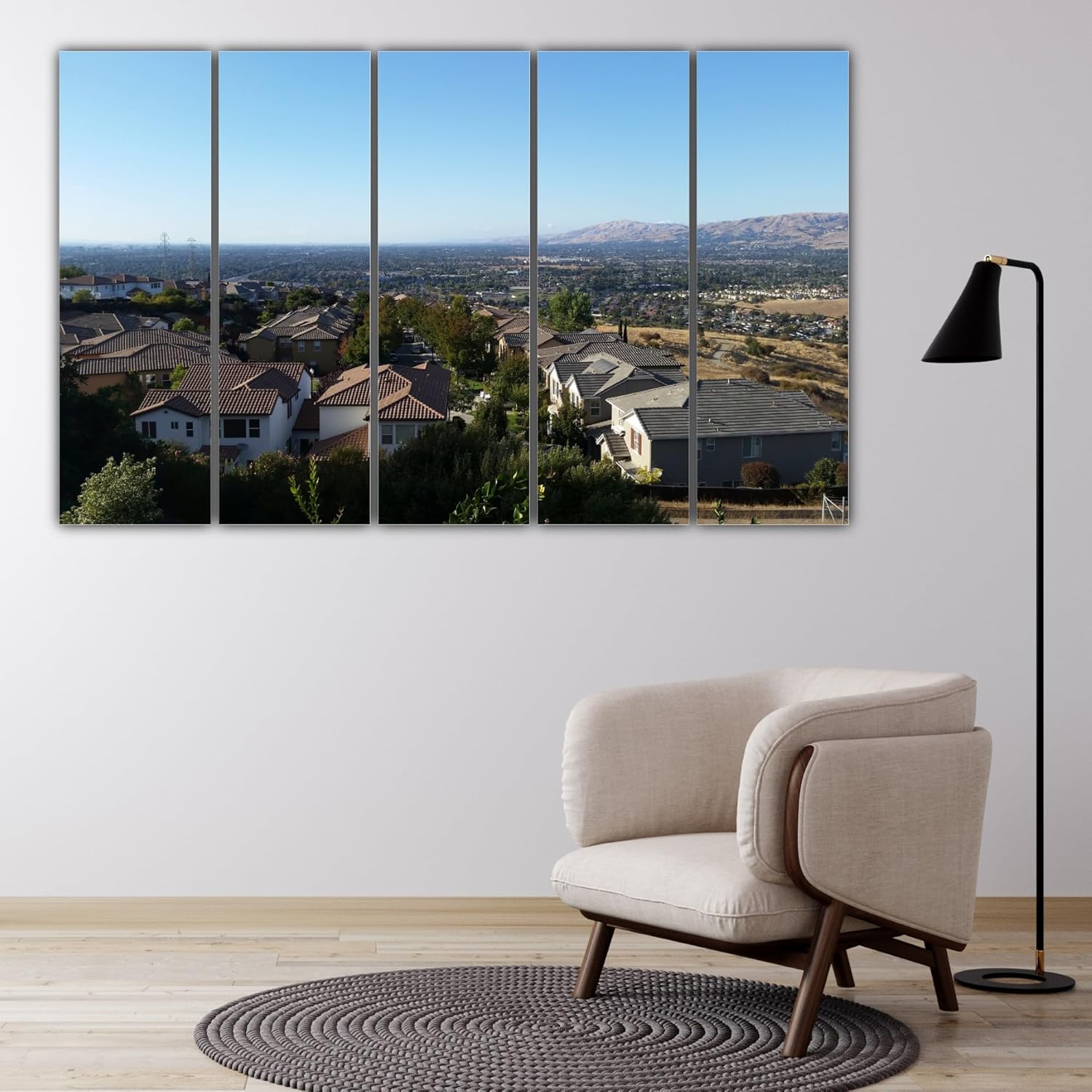 Close-up of the framed multi-panel City Wall Art with vivid urban colors