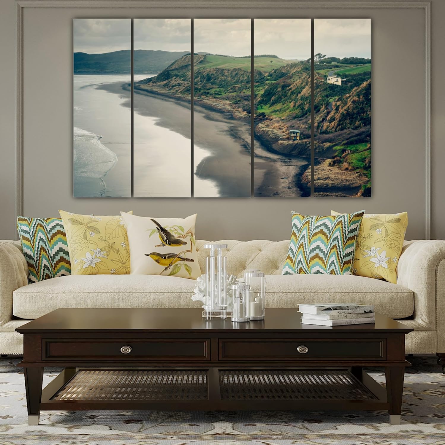 Five-panel Island Bliss Wall Art in wooden MDF frames hung on a living room wall.