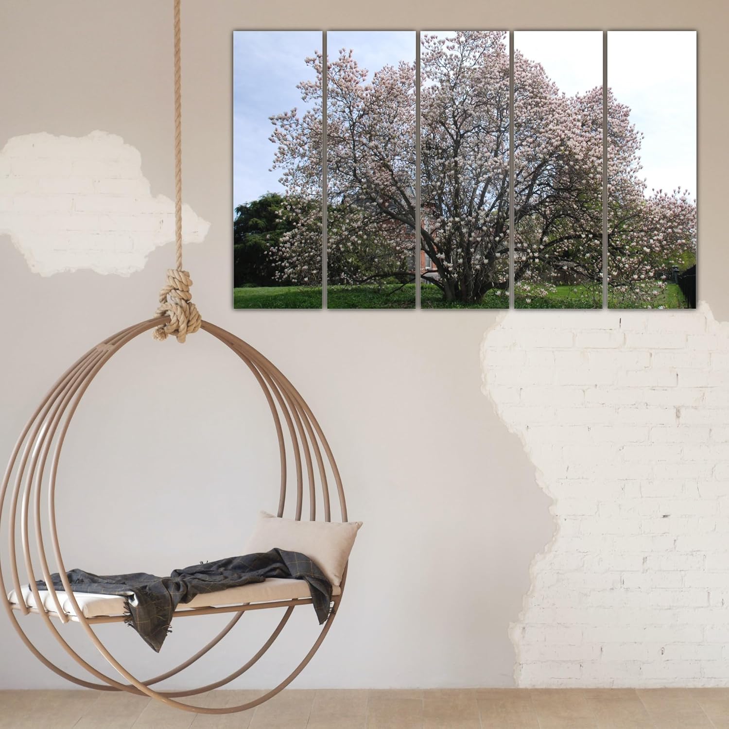Close-up of the framed photography wall art highlighting fine details in the multicolour tree branches