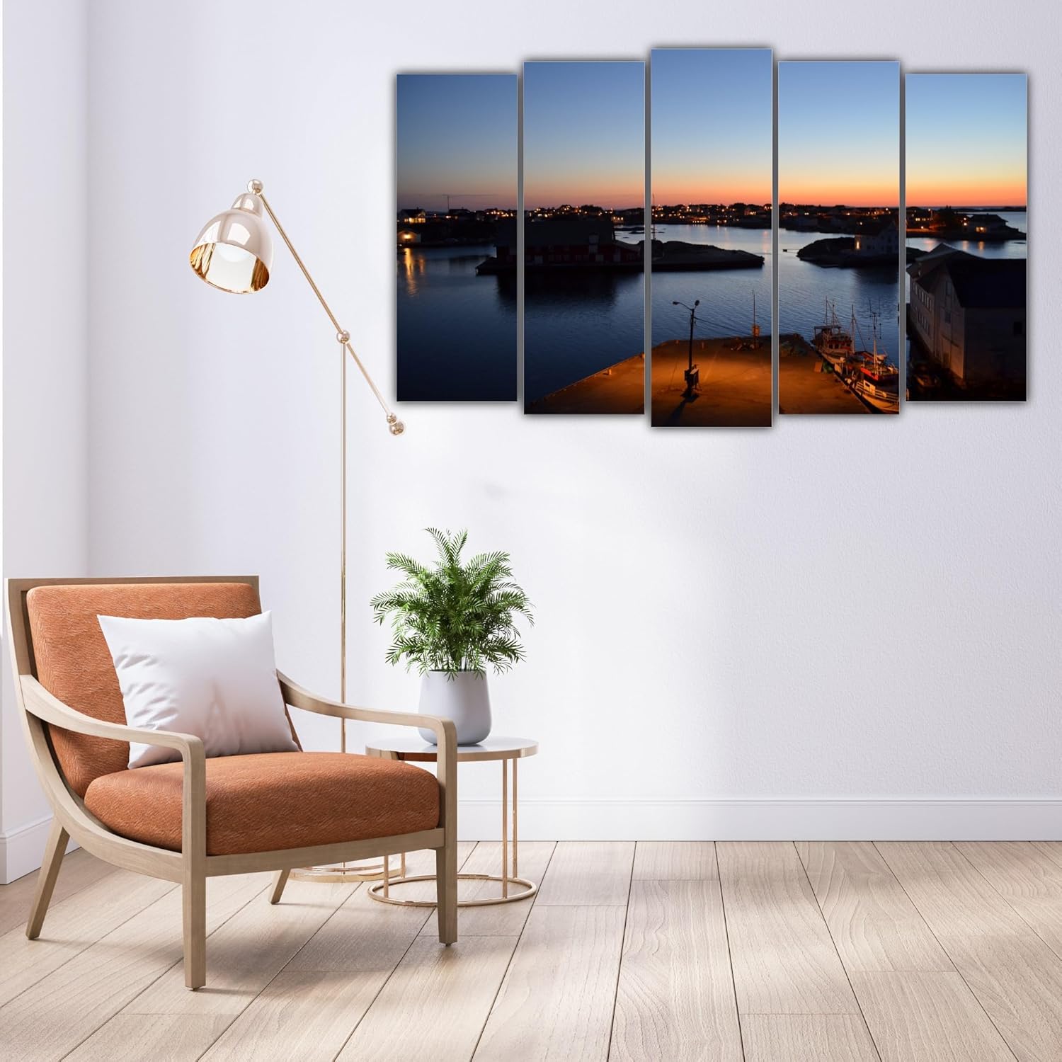 Five-panel sea photography canvas framed wall art creating a coastal vibe in a living room