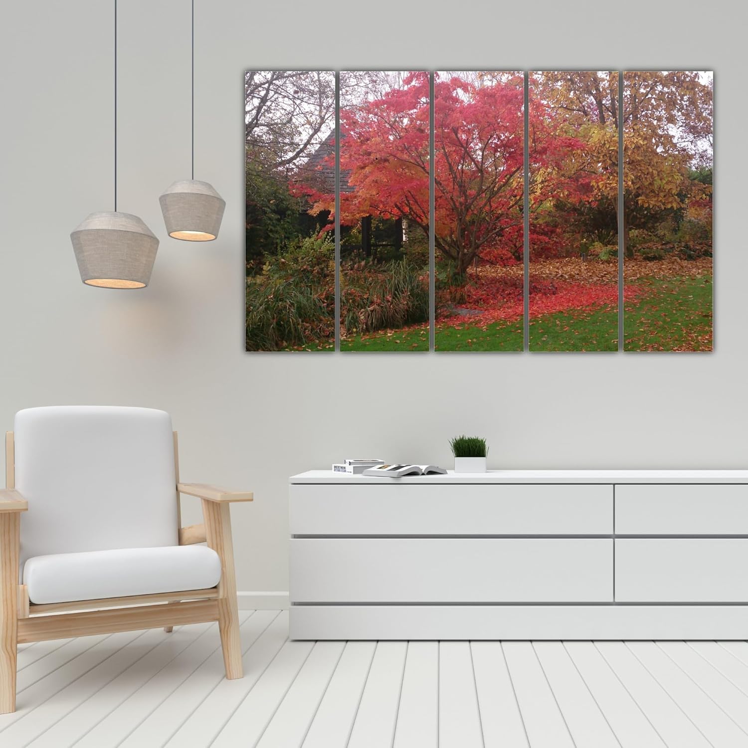 Close-up of the framed nature painting in multi-panel wall art
