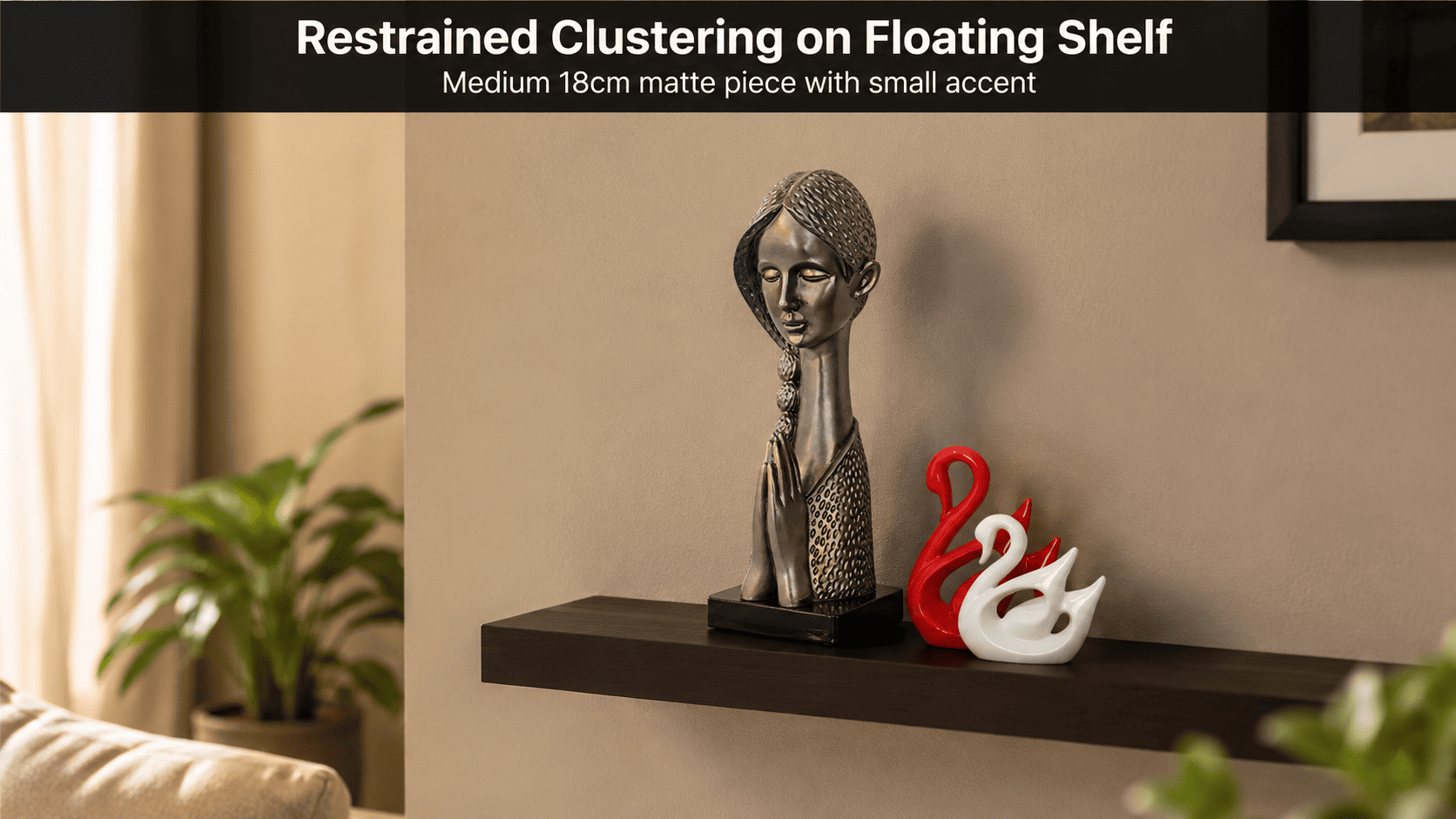 matte resin sculpture grouped on a floating shelf