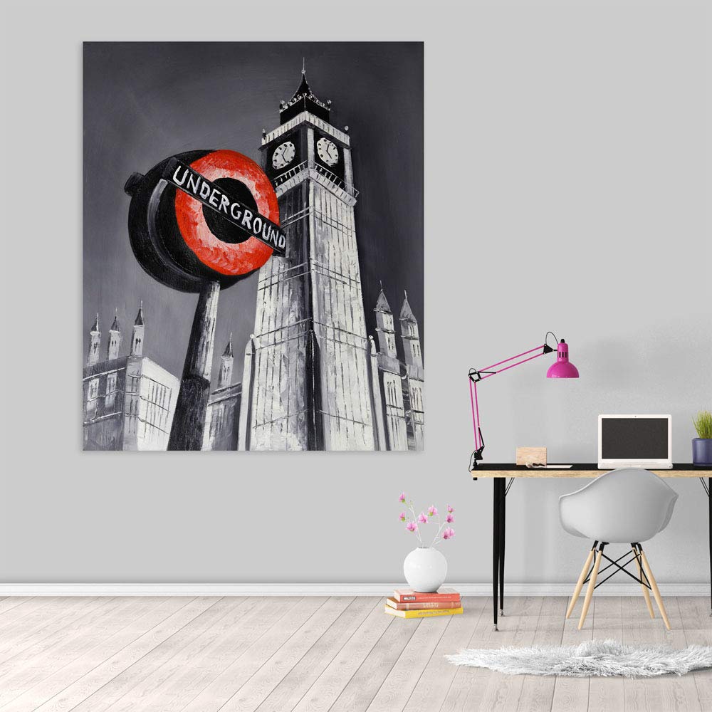 Clocktower-tastic Cityscape Unframed Canvas Wall Art hanging above a sleek sofa