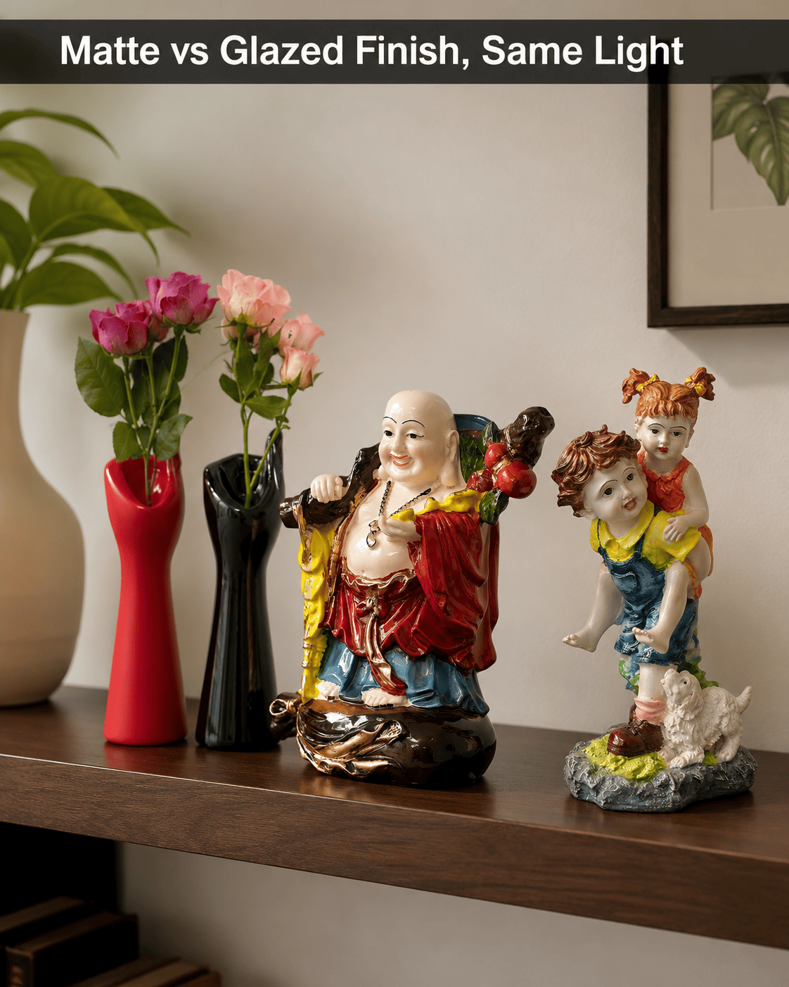 a cluster of small decorative pieces showing matte and glazed finish side by side
