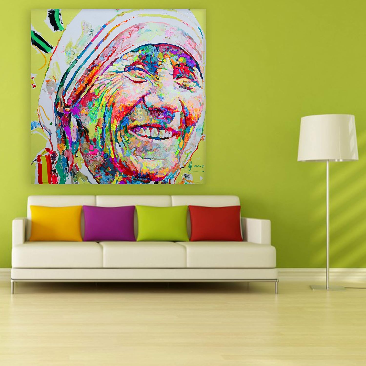 Saintly Smile: Unframed Mother Teresa Woman Wall Art hanging against a white wall