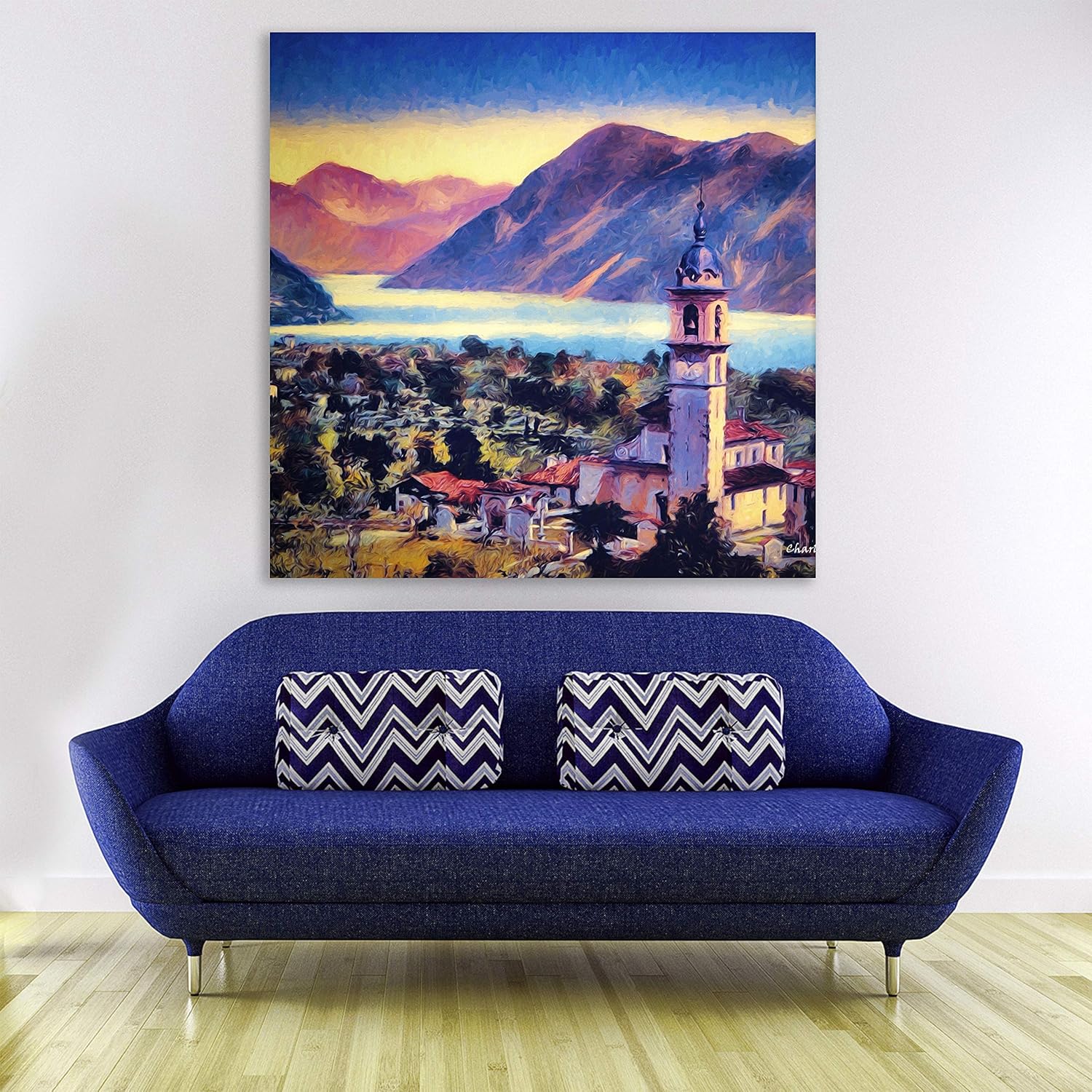 Bell-tastic Tower Unframed Landscape Wall Art displaying a sunset-lit bell tower scene printed on pure cotton canvas.